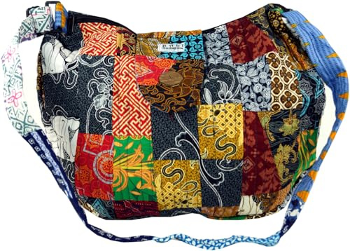 Patchwork Umhängetasche Bali, Unisex, 100 % Baumwolle, bunt, stilvoll | Farbenfrohe Hippietasche, traditionelles Design, verstellbarer Schultergurt, sicherer Reißverschluss