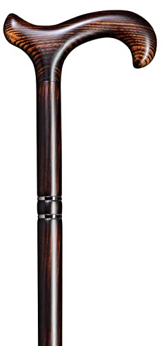 Gehstock Derby AKAZIE OMBRE, eleganter, großer Derbygriff und Stock aus dunkel geflammtem und seidenmatt lackiertem Akazienholz mit Schwarzchromband, inklusiv Schlankpuffer.