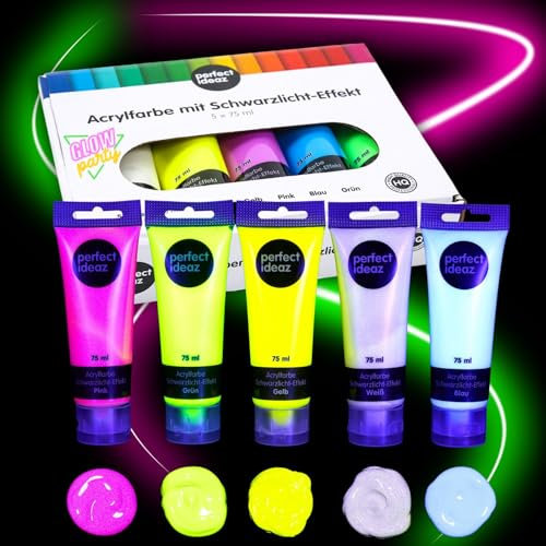 perfect ideaz 5 x 75 ml Schwarz-Licht Acryl-Farbe, hoher Anteil an Leucht-Pigmenten, fluoreszierende Farbe