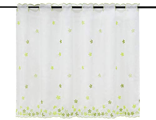 HeichkelL Blumenstickerei Scheibengardinen Voile Transparent Kurzstore Bestickt Bistrogardine für Terassenfenster Weiß-Grün HxB 75x110cm