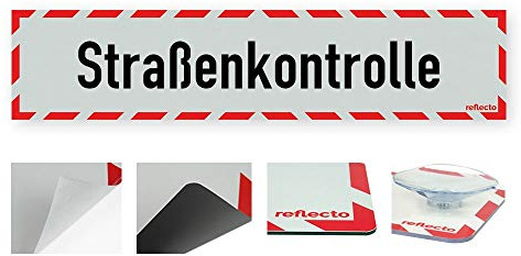reflecto Hinweisschild „Straßenkontrolle“ in rot-weiß und reflektierend (RA1/A) - verschiedene Ausführungen – 400 x 90 mm (mit Saugnäpfen)