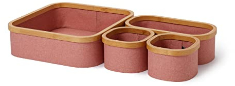 Lumaland Bambus-Rahmen Aufbewahrungsbox 4er Set rechteckig | Boxen in den Maßen 30 x 30 x 10 cm, 29,9 x 14,8 x 10 cm und zweimal 14,8 x 14,8 x 10 cm [Rosa]