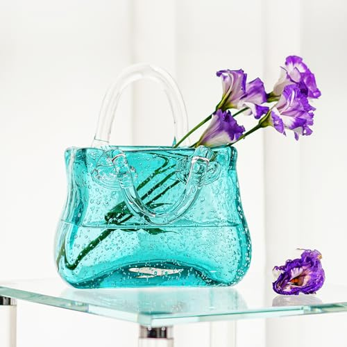 7'' Purse Vase for Flowers,Blown Glass Handbag Centerpieces Decorative Wide Mouth Modern Bubble Vase for Centerpieces Decor(Sky Blue)