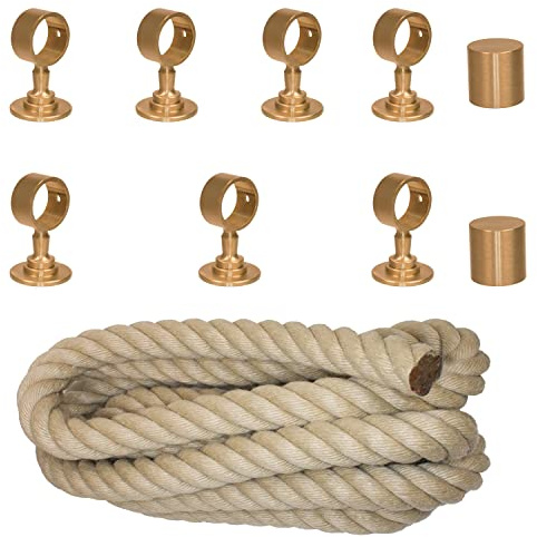 Handlaufseil-Set Ø 30 mm – 7 m Polyhanf-Seil „Nature Touch“ naturfarben mit 2 Endkappen & 7 Seilträgern, Messing matt | Treppe & Geländer