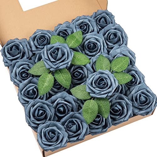 DuHouse 25 st konstgjorda rosor blommor falsk ros med stjälkar äkta touch skum blomhuvud för gör-det-själv bröllop brudbukett babyshower bordsuppsats blomsterarrangemang fest heminredning (dammigt