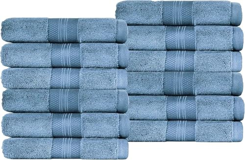 Superior Turkish Cotton 12-Piece Face Towel Set, Small Absorbent Towels for Quick Drying, Washcloths for Guest Bath, Master Bathroom, Gym, Spa, Airbnb, Apartment, Kids, Home Accessories, Denim Blue