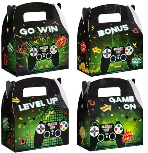 WERNNSAI Video Game Party Gift Boxes - 12 PCS Green Gaming Birthday Supplies Kids Party Bags Goodie Candy Favor Boxes Kids Boys Birthday Decorations for Gaming Night Party Supplies