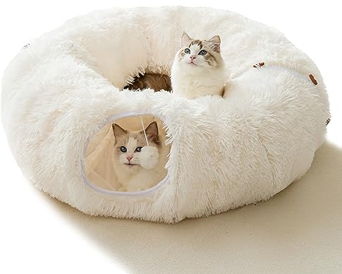 HIPIPET Winter Plüsch Katzentunnel mit Katzenbett - Multifunktionales Katzenspielzeug für kleine, mittelgroße und große Katzen (Weiß)