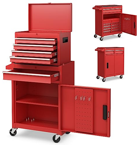 TANGZON Rolling Tool Chest Combo, Heavy Duty Lockable Tool Cabinet with Wheels, 5 Drawers, Adjustable Shelf, Hooks & Side Handle, 2-In-1 Detachable Tool Cart Trolley for Workshop Garage (Red)