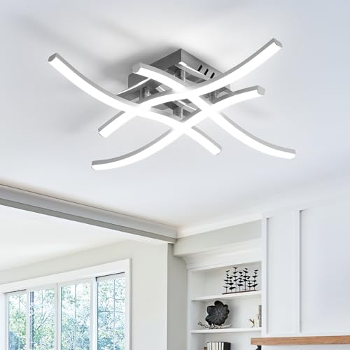 Dorlink Deckenlampe LED Modern, Deckenlampe Schlafzimmer 24W 2160LM, Lampe Wohnzimmer 6500K, Art Deco Wellen Esstischlampe, 4 Lichter Flurlampe Decke, Silber LED Deckenlampes für Küche, Ø46CM