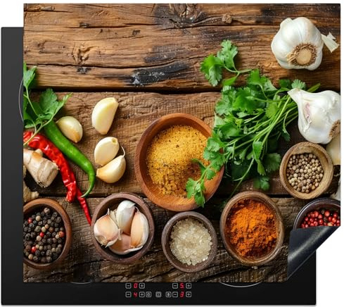 KitchenYeah© Herdabdeckplatte Induktion Schutzmatte Küche Herdabdeckung | 60x52 cm - Ceranfeld Induktionsmatte Cerankochfeld Abdeckung Kräuter - Gewürze - Basilikum - Holzdruck - Knoblauch