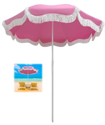 Pinker Boho-Regenschirm, für den Außenbereich, 180 cm, neigbar, Terrassenschirm, tragbarer Strandschirm mit Fransen, LSF 50+, Tischschirm, wasserdicht, Poolschirm, 8 Rippen, Gartenschirm, Tragetasche