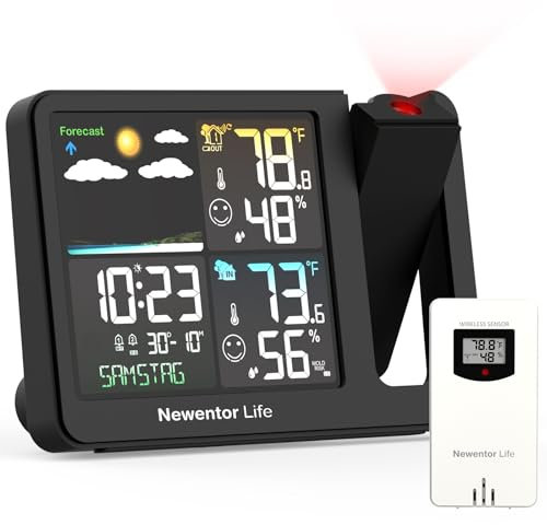 Projection Alarm Clock, Projection Clock for Bedroom Ceiling, Projector Clock with Weather Station, Indoor Outdoor Temperature Humidity Monitor, Forecast, Adjustable Backlight, Black,No Atomic