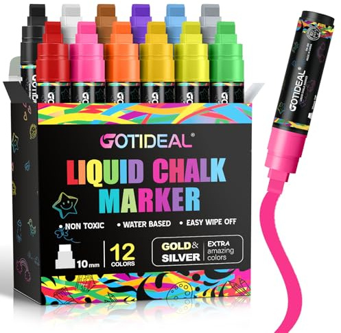 GOTIDEAL Window Markers, Jumbo Chalk Markers for Blackboard, Washable Car Marker for Chalkboard,Glass Mirrow,10mm Thick Tip12 Colors With Metallic Colors