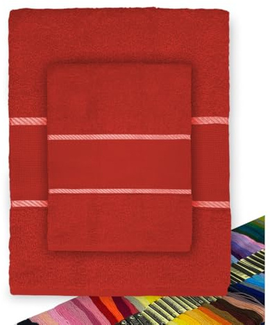 Tex family Set Asciugamani Spugna Tela Aida da ricamare Punto Croce 1+1 Viso E OSPITE con Filato in Omaggio - Rosso