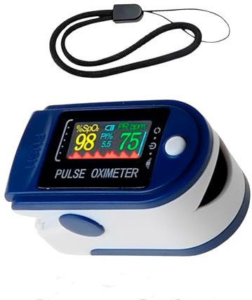 Pulsioxímetro Profesional, Oxímetro de dedo para Medición SpO2, Lectura instantánea, Mide los niveles de Saturación de Oxígeno, Con pantalla Led, Blanco y Azul.