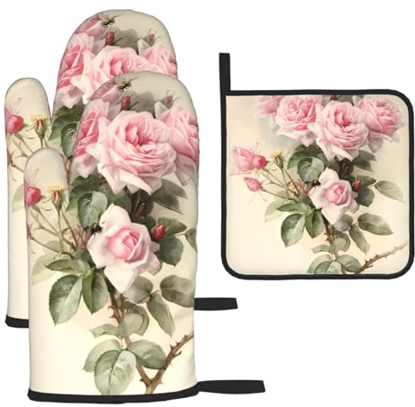 Set di presine da forno rosa vintage rosa – 3 presine resistenti al calore da cucina, perfette per forno, barbecue e forno a microonde