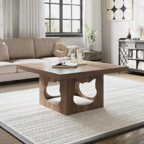 HSH Couchtisch Holz Wohnzimmertisch Sofatisch Beistelltisch Couchtisch mit Katzenhaus Kissen Industrieller Quadratischer Tish Rustikal Eiche 90 cm