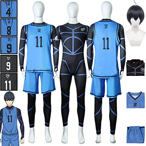 bbganlian Anime Blue Lock No.11 Isagi Yoichi Cosplay Kostüm Outfit Michael Kaiser Rollenspiel Uniform Komplettes Set Halloween Party Karneval Dress Up Anzug mit Perücke für Männer