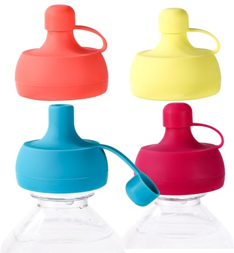 Lyreh 4 Pezzi Tappi Universali per Bottiglie d'Acqua e Succhi, Quattro Colori Tappi di Conversione con Beccuccio Morbido con Valvole Anti-Rovesciamento Tappo in Silicone Biberon per Bambini Piccoli