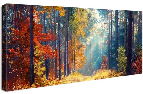 Mit Rahmen Groß Leinwand Bilder Fantasy Wald Baum Sonnenschein Leinwandbilder Bild auf Leinwand Malerei Herbst Natur Landschaft Bild Wandbilder Heim Wohnzimmer Schlafzimmer Wanddekoration 50x120cm