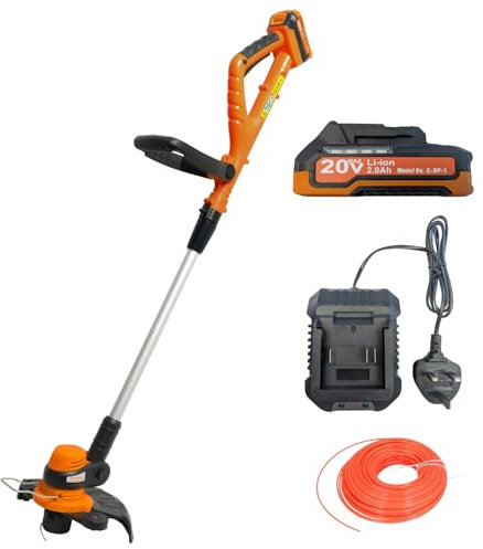 CORDLESS GRASS TRIMMER with 20V Battery and Charger - Lightweight 1.5kg Grass Strimmer with Auto-Feed Line, 250mm Cutting Width, Adjustable Head and Handle