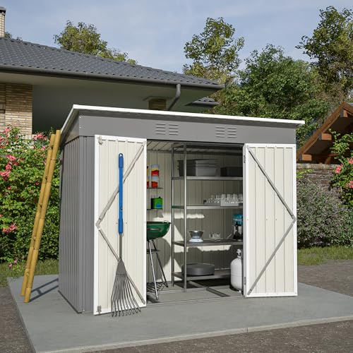 LANTRO JS Gerätehaus Metall 4.63m³, Gartenschuppen Metall Grau | Gartenhaus Blech für Werkzeugaufbewahrung mit Grundrahmen 242x126x182cm