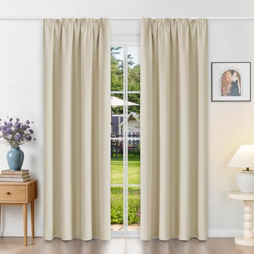 Runyéla Gardinen mit Kräuselband Vorhänge Blickdicht Hellbeige Verdunkelungsvorhänge 2er Set 220 x 140 (HxB) für Schienensystem, Thermovorhänge Kälteschutz Schiebegardinen für Wohnzimmer Curtain