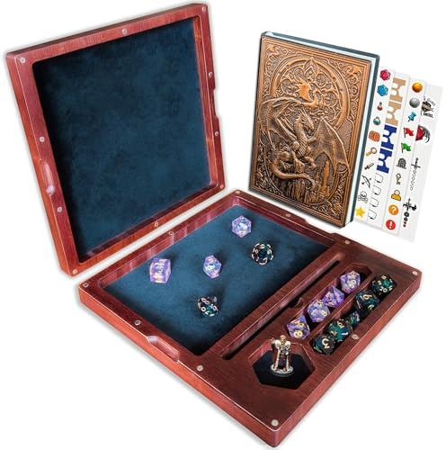 Wooden DnD Dice Tray & DnD Journal | Large D&D Dice Box with Double Rolling Tray & Storage – Fits 2 RPG Dice Sets, Miniature & Pencil (Dice & Mini Not Included) | Tabletop RPG Accessories & Gifts