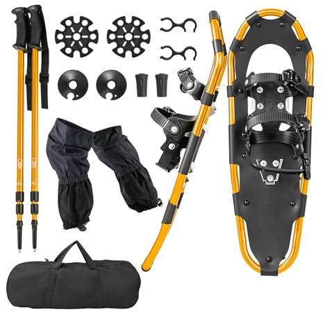 COSTWAY Juego de Raquetas de Nieve 4 en 1 Versátiles, Raquetas de Nieve Ajustables de Aluminio Ligero, Adultos y Niños, Bolsa Transporte, Bastones de Trekking, Sistema de Fijación (Dorado,63cm)