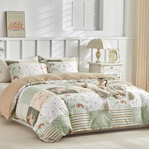 Lekesky Duvet Cover King Size Green Bedding Sets - Floral Print Gingham Bedding Soft Microfiber 3 Piece King Duvet Set with 1 Quilt Cover x 2 Envelope Pillowcases for All Seasons (Grey, 230x220cm)