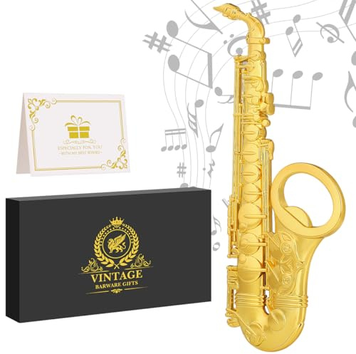 Ouvre-bouteille saxophone unique avec boîte cadeau, cadeau pour pères, Noël, anniversaire, homme, femme, papa, mari, petit ami, décapsuleur sur le thème de la musique, doré