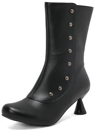 Stivaletti da donna con punta tonda, stile vintage, vittoriano, con cerniera, borchiati, punta alare, scarpe, Nero , 36 EU