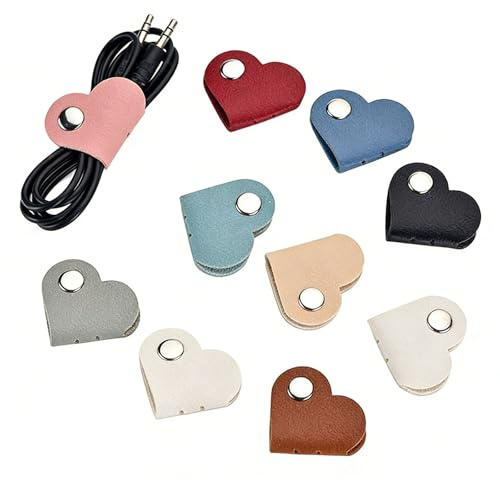 PureSphere 10-Pack Heart Shape PU Cable Tidy Straps, Random Multicolour | 10-pack reusable PU heart-shape cable tidies, snap for earphones & USB wires, home office travel, random colours, lightweight