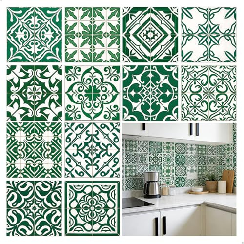 Stickers Carrelage, Carrelage Adhesif Mural Cuisine Carreaux Adhesif Salle de Bain, Autocollants PVC 20x20cm Imperméables 12Pcs Vert pour Cuisine Maison