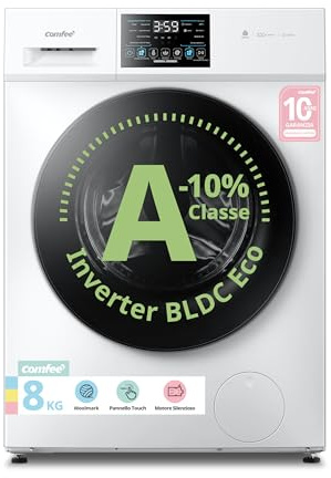 COMFEE' Lavatrice 8 kg Classe A-10% 1400 Giri Motore Inverter Silenzioso | Vapore Igienico, Wool, Lavaggio Rapido e Pannello Touch per Famiglie e Cura di Tutti i Tessuti CFP03EW80W-IT