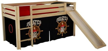 VIPACK PICOHSGB1077 Spielbett Pino mit Rutsche und Textilset Pirates, Maße 210 x 114 x 218 cm, Liegefläche 90 x 200 cm, Kiefer massiv Natur lackiert
