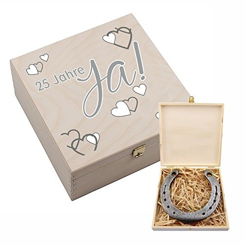 4youDesign Echtes Hufeisen zur Silber Hochzeit - Holz-Geschenkschachtel JA! 25 Jahre – 2 Hufeisennägel zum befestigen – Glücksbringer zur Silberhochzeit - 17x17x3,5cm