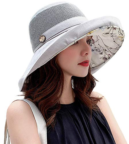 Damen-Sonnenhut, Netzstoff, Sommer, Strand, UV-Schutz, UPF verstaubar, breite Krempe, Kinnriemen, GRAU, Medium