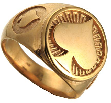 OAKKY Herren Glücklich Poker der Pik Ring Rostfreier Stahl Retro Punk Gotisch Biker Schmuck Cocktail Kasino Halloween Bands Gold Größe 65 (20.7)