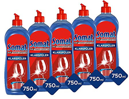 SOMAT 5in1 Klarspüler (5 x 750 ml), Spülmittel-Zusatz für schnelle Trocknung, Klarspüler für Geschirrspüler verleiht brillanten Glanz auf Gläsern, Geschirr und in der Maschine, bis zu 150 Spülgänge