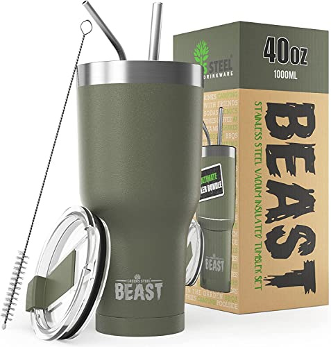 Beast Tumbler - 1050 ml (40 oz), Army Green | Reusable Stainless Steel, Vacuum Insulated Cup | with + 2 Straws & Cleaning Brush | Double Wall Travel Flask Perfect for Hot or Iced Coffee | BPA Free