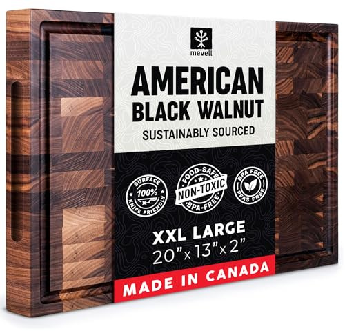Mevell Planche à découper en grain de noyer pour cuisine, bloc de boucher réversible en bois extra large avec rainures pour jus, fabriquée au Canada (noyer, 50,8 x 33 x 5,4 cm)