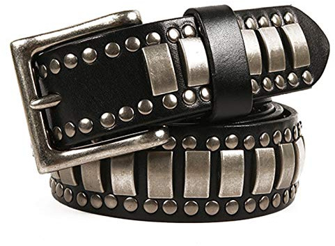 DFGGE Herren Damen Nietengürtel Im Punk Hip Hop Style Leder Gürtel Mit Nieten Und Legierung Dornschließe Ledergürtel 105Cm - 125Cm Kürzbar,Schwarz,110cm/waist:36~38