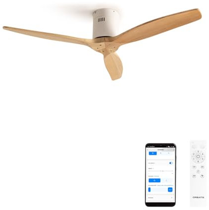 CREATE / WINDCALM M/Deckenventilator ABS Weiß Hellesholzflügel-Optik mit WLAN und Fernbedienung/Leise, 40W, Ø132cm, 6 Geschwindigkeiten, Timer von 1 bis 4 Std., DC-Motor, Sommer-Winterbetrieb