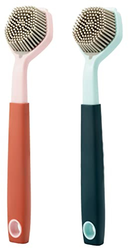 AMORBASE Dish Scrubber, Silicone Soft Bristles Scrub Brush with Scraper Tip, Comfortable Grip Brushes Set for Kitchen Sink, Pans, Pots, Skillet Cleaning (Blue, Pink, 2)
