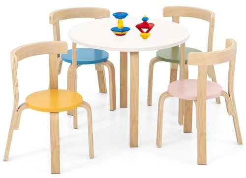 HONEY JOY Kids Table and Chair Set, Bentwood Toddler Round Table and 4 Chairs for Craft Art, Building Block, 5-Piece Children Furniture Set for Daycare, Kindergarten, Playroom (Colorful)