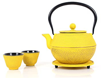 Echtwerk Teeservice aus Gusseisen, Teekanne 1,1 L mit abnehmbarem Sieb, Teebereiter mit Untersetzer, Teekannen-Set im Vintage-Design für Zubereitung von losem Tee, Gelb