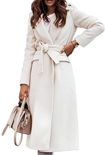 Kaerm Damen Wollmantel Trenchcoat Langer Herbst Winter Mantel Jacke Slim Fit Schlanker Elegante Rever mit Gürtel Overcoat Einfarbig Warme Wintermantel