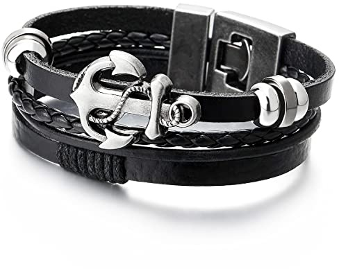 COOLSTEELANDBEYOND Ancla Vela Cuerda Negro Cuero Trenzado Pulsera de Hombre Mujer, Tres Filas Cuero Tejido Pulsera del Abrigo